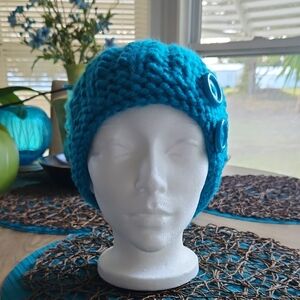 Handmade Blue Knit Beanie with Buttons